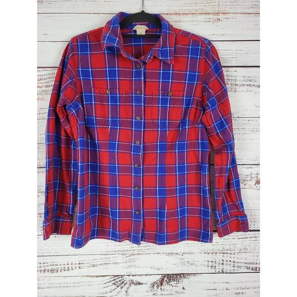 Duluth Trading Co Button Front Top S Womens Red Blue Long Sleeve 100% Cotton - Picture 1 of 7